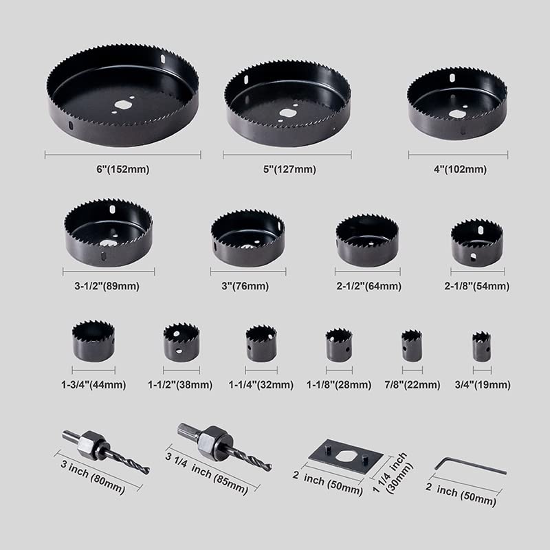 Highfire 19 PCS Hole Saw Set 3/4"-6"(19-152mm) for Soft Wood, Plywood, Drywall and PVC Board 13PCS Hole Saw Kit,2 Mandrels, 3 Drill Bits, 1 Hex Key and 1 Installation Plate - Image 2